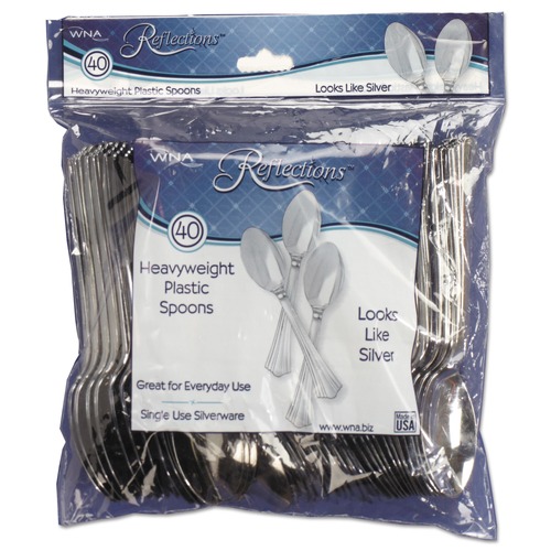 Cutlery | WNA WNA REF320SP 6.25 in. Reflections Heavyweight Plastic Utensils Spoon - Silver (320/Carton) image number 0