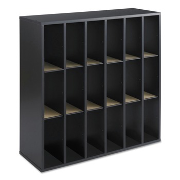 Safco 7765BL 33.75 in. x 12 in. x 32.75 in. 18 Compartments Stackable Wood Mail Sorter with Adjustable Dividers - Black