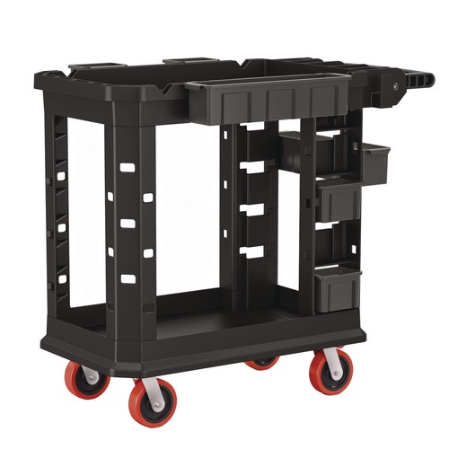 Cleaning Carts | Suncast Commercial PUCHD1937 19.5 in. x 41.78 in. x 34.81 in. 500 lbs. Capacity 2 Shelves 6 Bins Plastic Heavy Duty Plus Utility Cart - Black image number 0