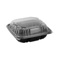 Food Trays, Containers, and Lids | Pactiv Corp. DC858310B000 21 oz 3-Compartment EarthChoice Vented Dual Color Microwavable Hinged Lid Container - Black/Clear (150/Carton) image number 0