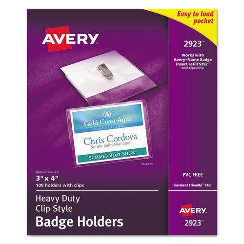 Label & Badge Holders | Avery 02923 4 in. x 3 in. Horizontal Heavy-Duty Clip-Style Badge Holders - Clear (100/Box) image number 0