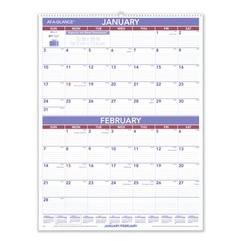 AT-A-GLANCE PM9-28 12 Month: Jan 2026 to Dec 2026 22 in. x 29 in. 2-Month Wall Calendar - White/Blue/Red Sheets