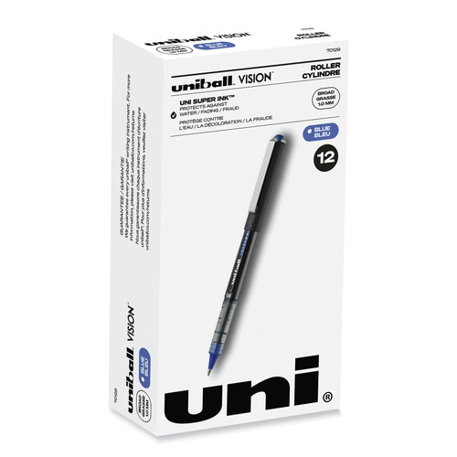 Back to School Sale | uni-ball 70129 Bold 1 mm Stick VISION Roller Ball Pen - Blue Ink, Black/Blue/Clear Barrel (1 Dozen) image number 0