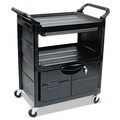 Just Launched | Rubbermaid Commercial FG345700BLA 33-5/8 in. x 18-5/8 in. x 37 in. 3 Two-Shelf Utility Cart with Locking Doors - Black image number 0