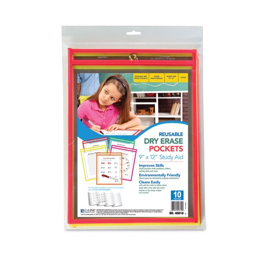 Report Covers & Pocket Folders | C-Line 40810 Reusable 9 in. x 12 in. Dry Erase Pockets - Assorted Neon Colors (10/Pack) image number 0