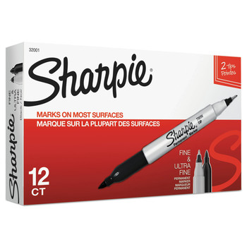 PENS PENCILS AND MARKERS | Sharpie 32001 Twin-Tip Permanent Marker - Extra-Fine/Fine Bullet Tips/Black (1-Dozen)