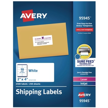 Avery 95945 2 in. x 4 in. Shipping Labels-Bulk Packs for Inkjet/Laser Printers - White (10/Sheet, 250 Sheets/Box)