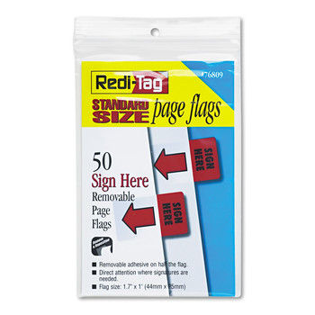  | Redi-Tag B76809 Sign Here Removable/Reusable Page Flags - Red (50/Pack)