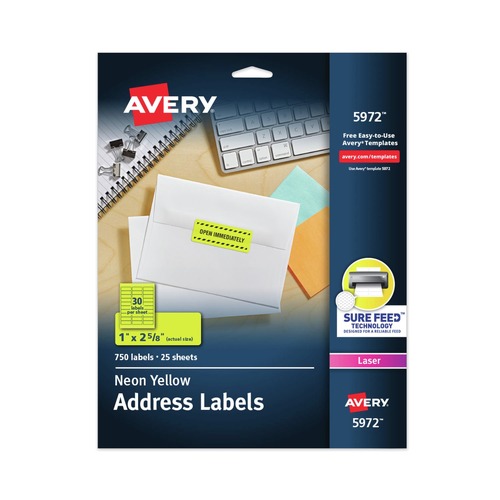 Labels | Avery 05972 1 in. x 2.63 in. High-Visibility Permanent Laser ID Labels - Neon Yellow (750/Pack) image number 0