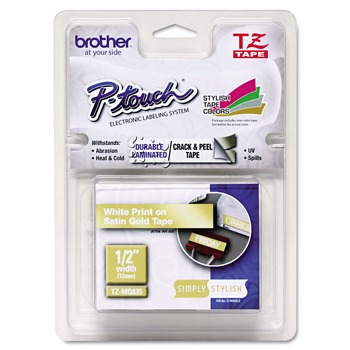 Brother P-Touch TZEMQ835 0.47 in. x 16.4 ft. Standard Adhesive Laminated Labeling Tape - White/Satin Gold