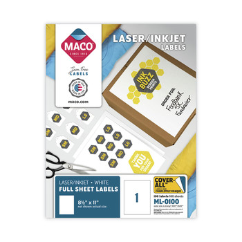  | MACO MML-0100 8.5 in. x 11 in. Full-Sheet Format Cover-All Opaque Laser/Inkjet Shipping Labels - White (100/Box)