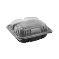 Food Trays, Containers, and Lids | Pactiv Corp. DC858330B000 33 oz. 8-1/2 in. x 8-1/5 in. x 3 in. 3-Compartment EarthChoice Vented Dual Color Microwavable Hinged Lid Container - Black/Clear (150/Carton) image number 3