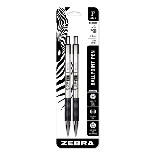 Pens | Zebra 27112 F-301 Fine 0.7 millimeter Retractable Ballpoint Pen - Black Ink/Stainless Steel/Black Barrel (2/Pack) image number 0