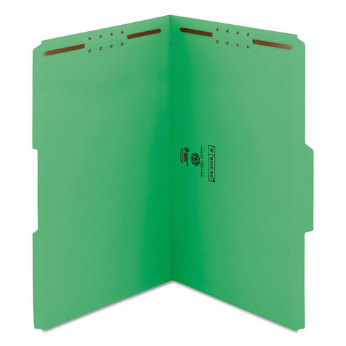 File Folders | Smead 17140 0.75 in. Expansion 2 Fasteners Legal Size Top Tab Colored Fastener Folders - Green Exterior (50/Box) image number 0