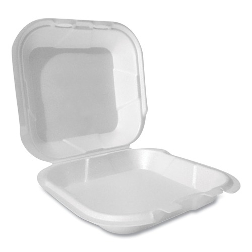 Food Trays, Containers, and Lids | Plastifar 12091 8 in. x 8.56 in. x 2.76 in. Secure Two Tab Latch Poly Bag Foam Hinged Lid Container - White (200/Pack) image number 0