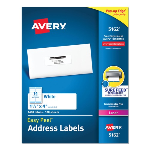 Dividers & Tabs | Avery 05162 1.33 in. x 4 in. Easy Peel Address Labels with Sure Feed Technology for Laser Printers - White (14/Sheet, 100 Sheets/Box) image number 0