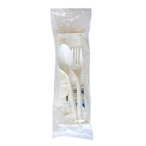 Cutlery | Boardwalk BWK6COMBOKITPP 5.86 in. 6-Piece Mediumweight Plastic Cutlery Fork/Knife/Napkin/Pepper/Salt/Spoon Kit - White (250/Carton) image number 0