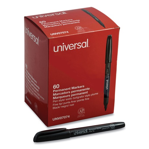 Permanent Markers | Universal UNV07074 Fine Bullet Tip Pen-Style Permanent Marker - Black (60/Pack) image number 0