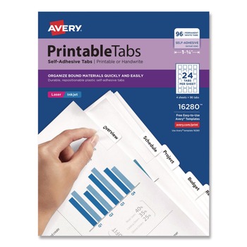 Avery 16280 1.25 in. Wide 1/5-Cut Printable Plastic Tabs with Repositionable Adhesive - White (96/Pack)