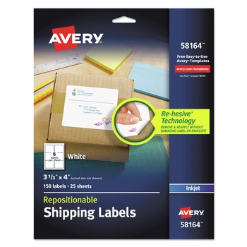 Avery 58164 3.33 in. x 4 in. Repositionable Shipping Labels with Sure Feed for Inkjet Printers - White (25/Box)
