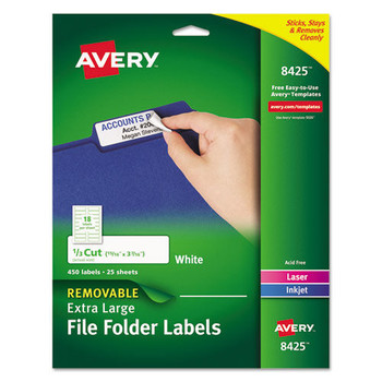 Avery 08425 0.94 x 3.44 Removable File Folder Labels with Sure Feed Technology - White (450/Pack)