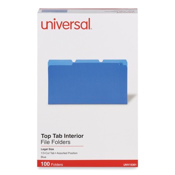 Universal UNV15301 1/3-Cut Tabs: Assorted 11-pt Stock Interior File Folders - Legal Size/Blue (100/Box)