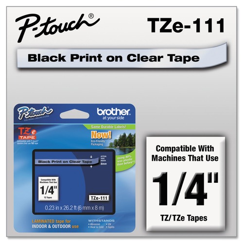 Labels | Brother P-Touch TZE111 0.23 in. x 26.2 ft. TZe Standard Adhesive Laminated Labeling Tape - Black on Clear image number 0
