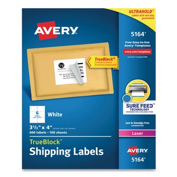 LABELS AND LABEL MAKERS | Avery 05164 3.33 in. x 4 in. Shipping Labels with TrueBlock Technology for Laser Printers - White (6/Sheet, 100 Sheets/Box)