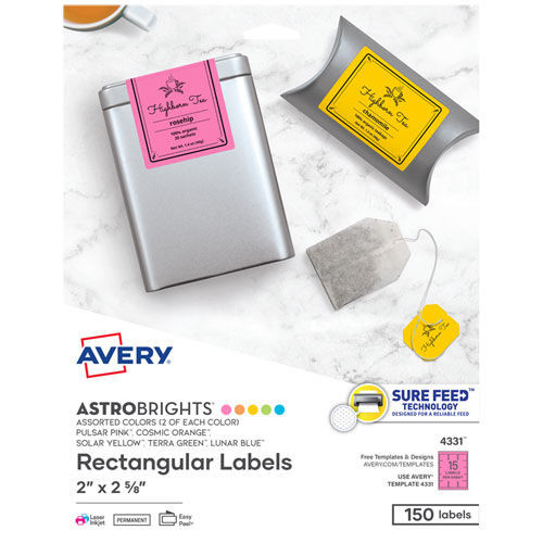 Labels | Avery 04331 2 x 2.63 Printable Color Labels with Sure Feed and Easy Peel - Assorted Colors (150/Pack) image number 0