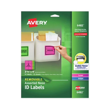 Avery 06482 3.33 in. x 4 in. High-Vis Removable Laser/Inkjet ID Labels with Sure Feed - Assorted Neon (72/Pack)