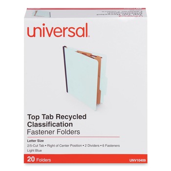 Universal UNV10409 2 Dividers 6 Fasteners Heavy-Duty Pressboard Cover Letter Size Six-Section Classification Folders - Light Blue (20/Box)