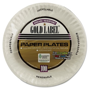  | AJM Packaging Corporation AJM CP9GOEWH 9 in. Diameter Gold Label Coated Paper Plates - White (100/Pack, 10 Packs/Carton)