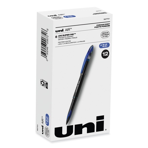 Pens | uni-ball 1927701 AIR Medium 0.7 mm Stick Porous Roller Ball Pen - Blue Ink Black/Blue Barrel (1-Dozen) image number 0