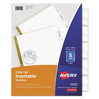 Avery 11122 Big Tab 11 in. x 8.5 in. 5-Tab Double-Sided Gold Edge Reinforcing Insertable Dividers - Clear Tabs/White (1-Set)