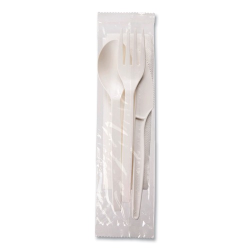 Cutlery | WNA EPS005 EcoSense Renewable PSM Wrapped Plastic Fork/Knife/Napkin/Spoon Cutlery Kit - White (250/Carton) image number 0