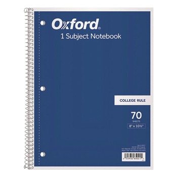 Oxford 65021 10.5 in. x 8 in. Sheets 3-Hole Punch Medium/College Rule Coil-Lock Wirebound Notebook - Randomly Assorted Cover Color