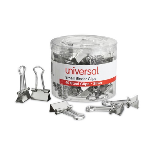Back to School Sale | Universal UNV11240 Binder Clips with Storage Tub - Small, Silver (40/Pack) image number 0