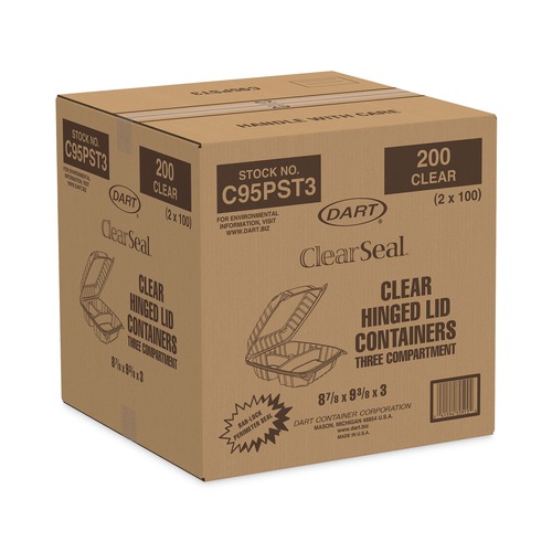 Just Launched | Dart C95PST3 ClearSeal 9.4 in. x 8.9 in. x 3 in. 3-Compartments Hinged-Lid Plastic Containers (200/Carton) image number 0