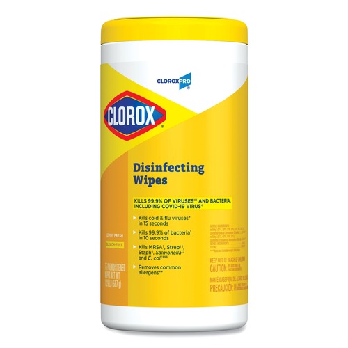 Hand Wipes | Clorox 15948 1-Ply 7 in. x 8 in. Disinfecting Wipes - Lemon Fresh, White (75/Canister) image number 0