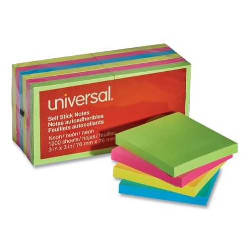 Sticky Notes & Post it | Universal UNV35612 100 Sheet 3 in. x 3 in. Self-Stick Note Pads - Assorted Neon Colors (12/Pack) image number 0