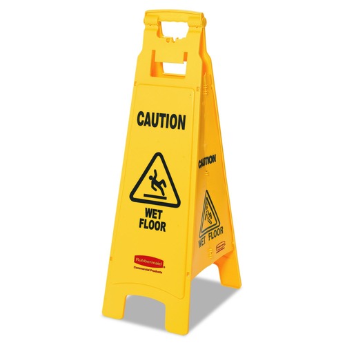 Floor Signs & Safety Signs | Rubbermaid Commercial FG611477YEL 12 in. x 16 in. x 38 in. 4-Sided Caution Wet Floor Sign - Yellow image number 0