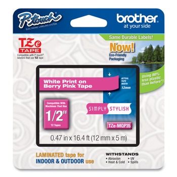 Brother P-Touch TZEMQP35 0.47 in. x 16.4 ft. Standard Adhesive Laminated Labeling Tape - White/Berry Pink