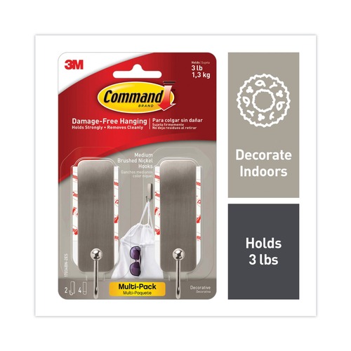 Hook & Loop Fasteners | Command 17034BN-2ES 3 lbs. Capacity Metal Decorative Hooks - Medium Brushed Nickel (2/Pack) image number 0