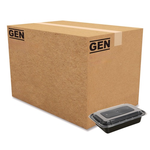 Food Trays, Containers, and Lids | GEN FCPP-BC-16RECT 7.48 in. x 5.03 in. x 2.04 in. 16 oz. Plastic Microwavable Food Container with Lid - Rectangular Black/Clear (150/Carton) image number 0
