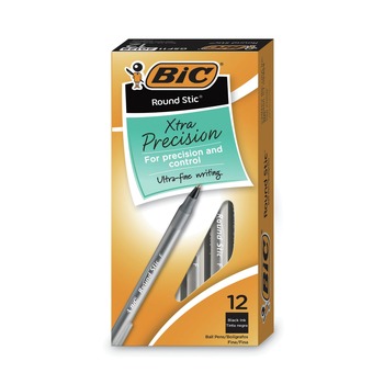 PENS PENCILS AND MARKERS | BIC GSF11 BLK Round Stic Xtra Precision Fine 0.8 mm. Stick Ballpoint Pen - Black Ink/Smoke Barrel (1-Dozen)