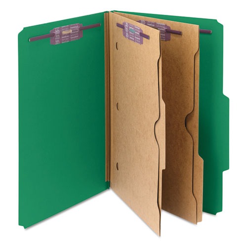 File Folders | Smead 19083 6 SafeSHIELD Fasteners 2 Dividers Legal Size 6-Section Pressboard Top Tab Pocket Classification Folders - Green (10/Box) image number 0