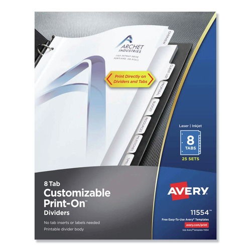 Dividers & Tabs | Avery 11554 Print-On 11 in. x 8.5 in. 8-Tab 3-Hole Customizable Punched Dividers - White (200/Pack) image number 0