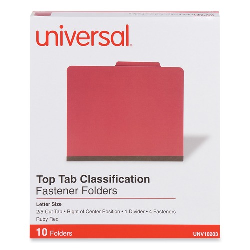 File Folders | Universal UNV10203 Bright Colored Pressboard Classification Folders - Letter, Ruby Red (10/Box) image number 0