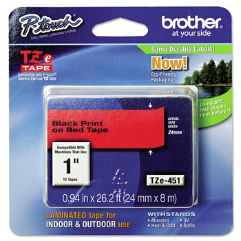 Brother P-Touch TZE451 0.94 in. x 26.2 ft. TZe Standard Adhesive Laminated Labeling Tape - Black on Red