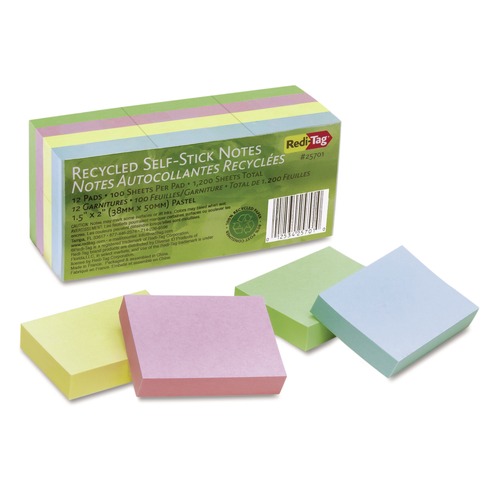Notebooks & Pads | Redi-Tag B25701 1.5 in. x 2 in. 100% Recycled Self-Stick Notes - Assorted Pastel Colors (12/Pack) image number 0